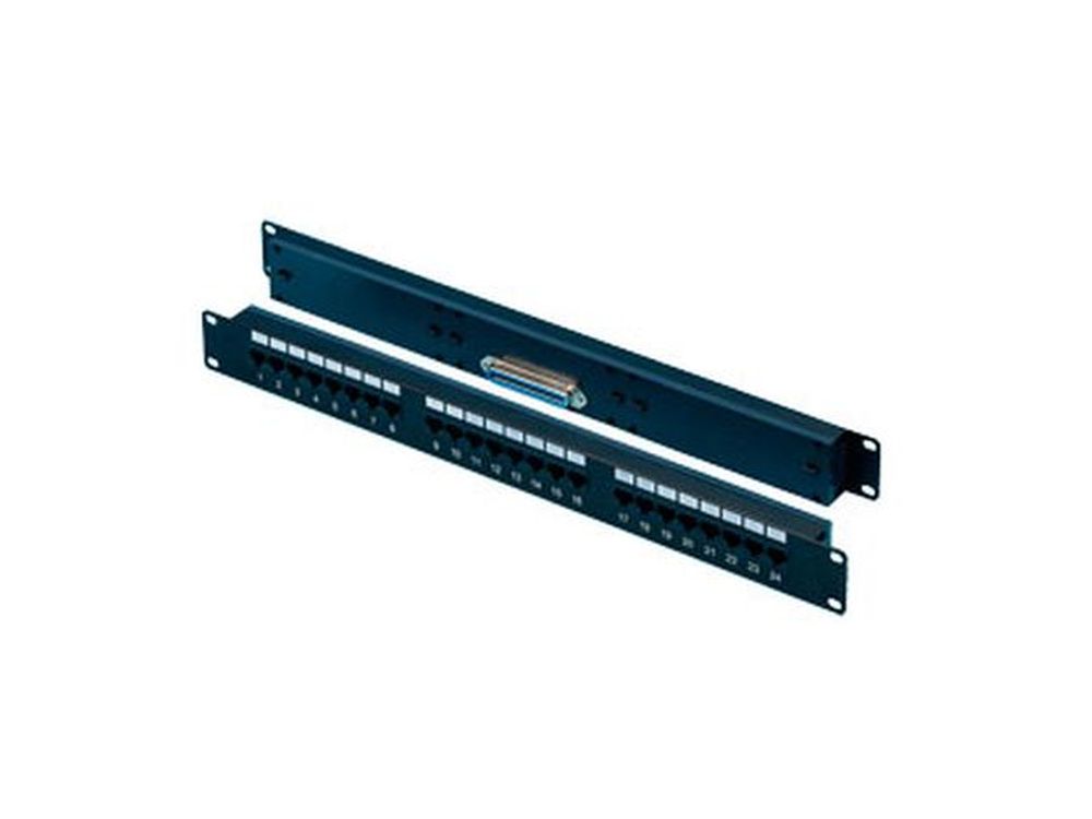 Afbeelding 24 port patch panel with 1x RJ21/Telco female connector, connected to RJ45 pins 4&5 (panapatch)